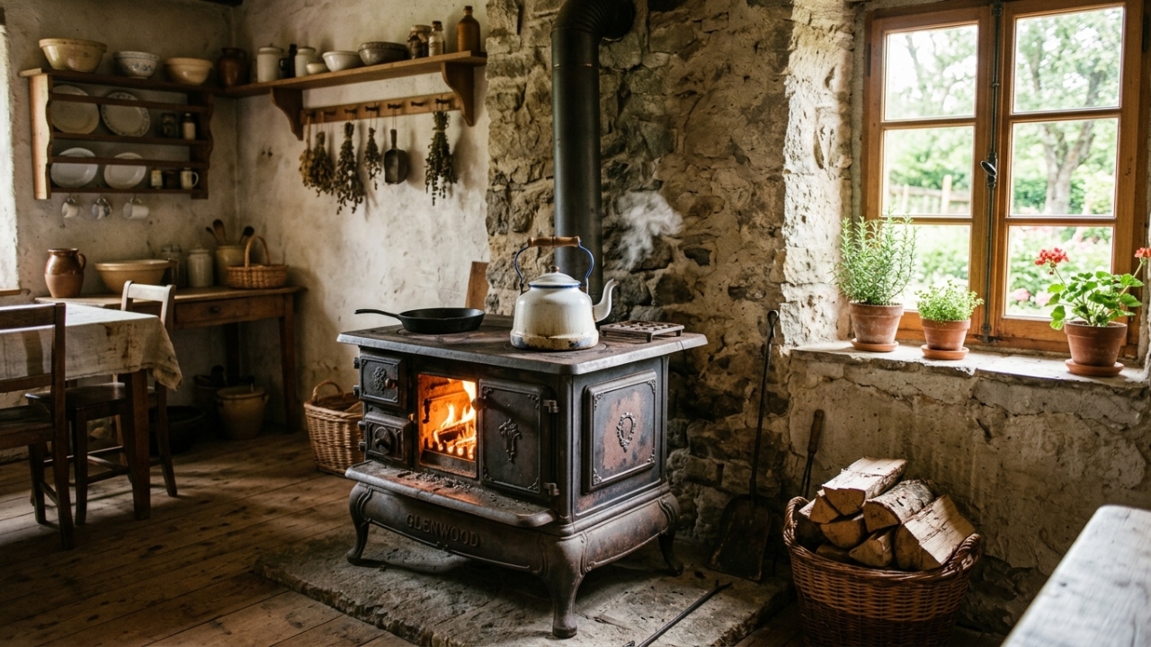 Fogão a lenha antigo com chaleira, ao fundo uma mesa de cozinha com toalha xadrez à meia-luz